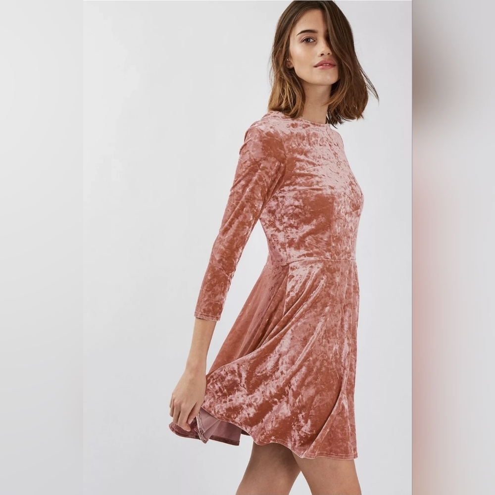 Topshop Low Back Crushed Velvet Skater Dress Pink Size 6